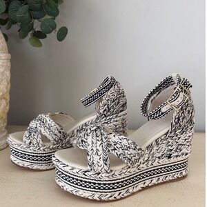 Antolina Women Sz 38 Woven Textile Braided Wedge‎ Platform Sandals Black White